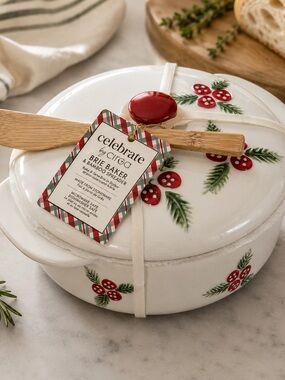 Circo White Ceramic Brie Baker with Red Berry Accents and Green Pine Detail